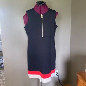 Calvin Klein Black Dress with Red and Tan Hem (Size 14)